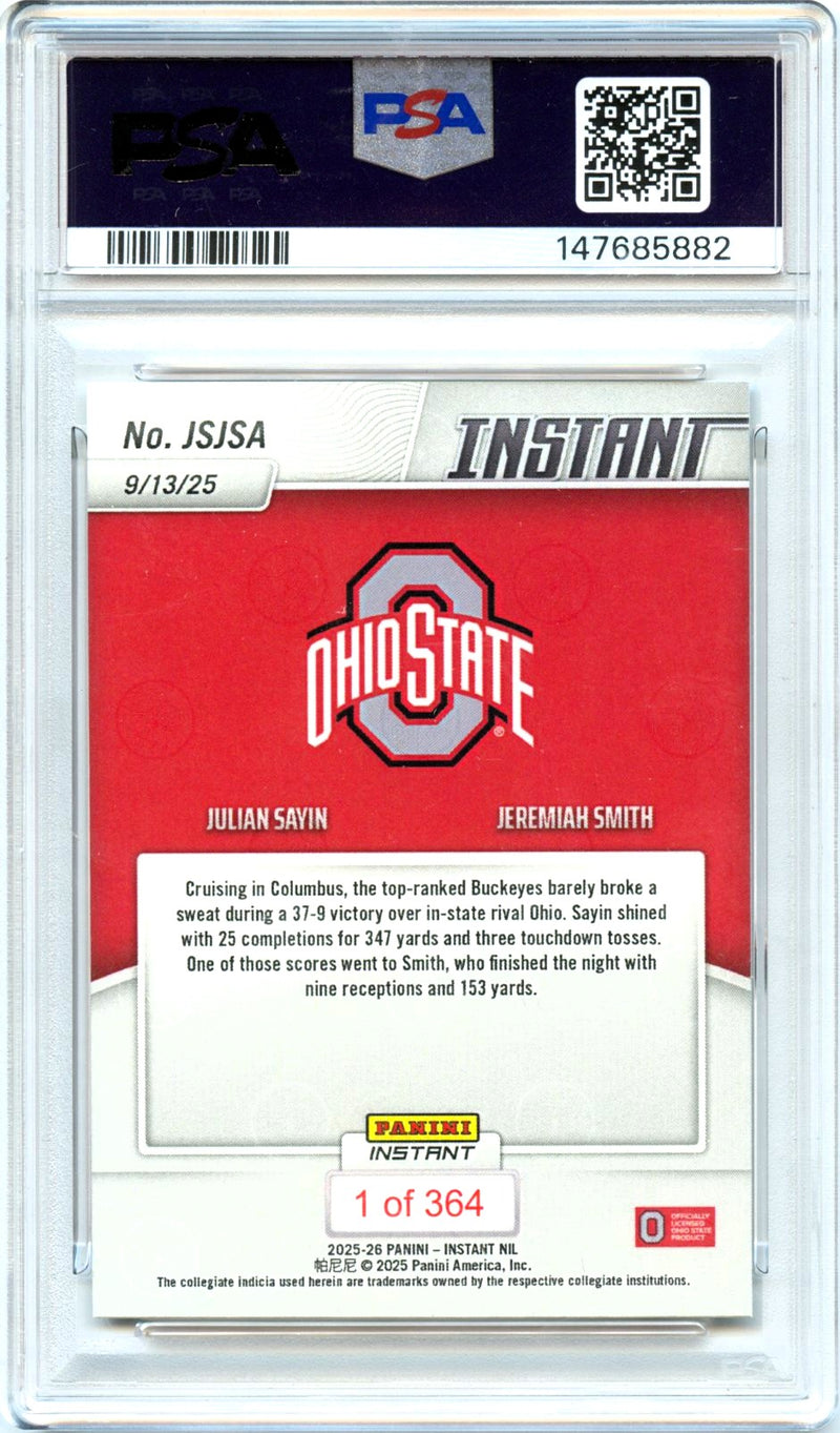 Julian Sayin Jeremiah Smith RC 2025 Panini Instant NIL A Variation Rookie SP /364 PSA 10-2