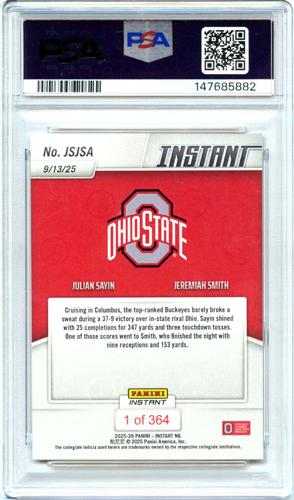 Julian Sayin Jeremiah Smith RC 2025 Panini Instant NIL A Variation Rookie SP /364 PSA 10-2