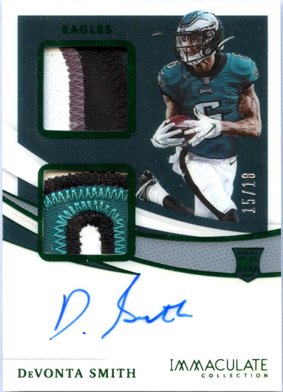 Devonta Smith RC 2021 Immaculate Green Dual Rookie Patch Auto SP 15/18