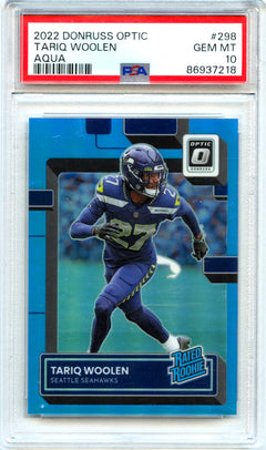 Tariq Woolen RC 2022 Donruss Optic Aqua Rated Rookie SP 151/299 PSA 10-1