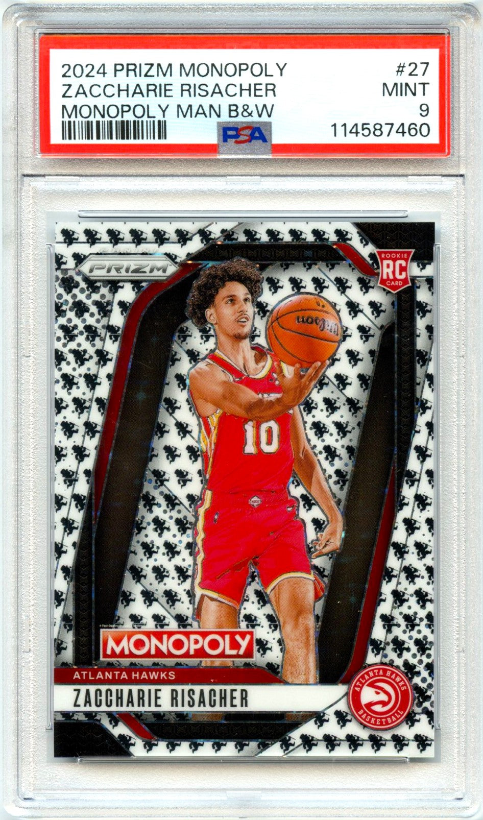 Zaccharie Risacher RC 2024 Prizm Monopoly Black White Monopoly Man Rookie #27 PSA 9