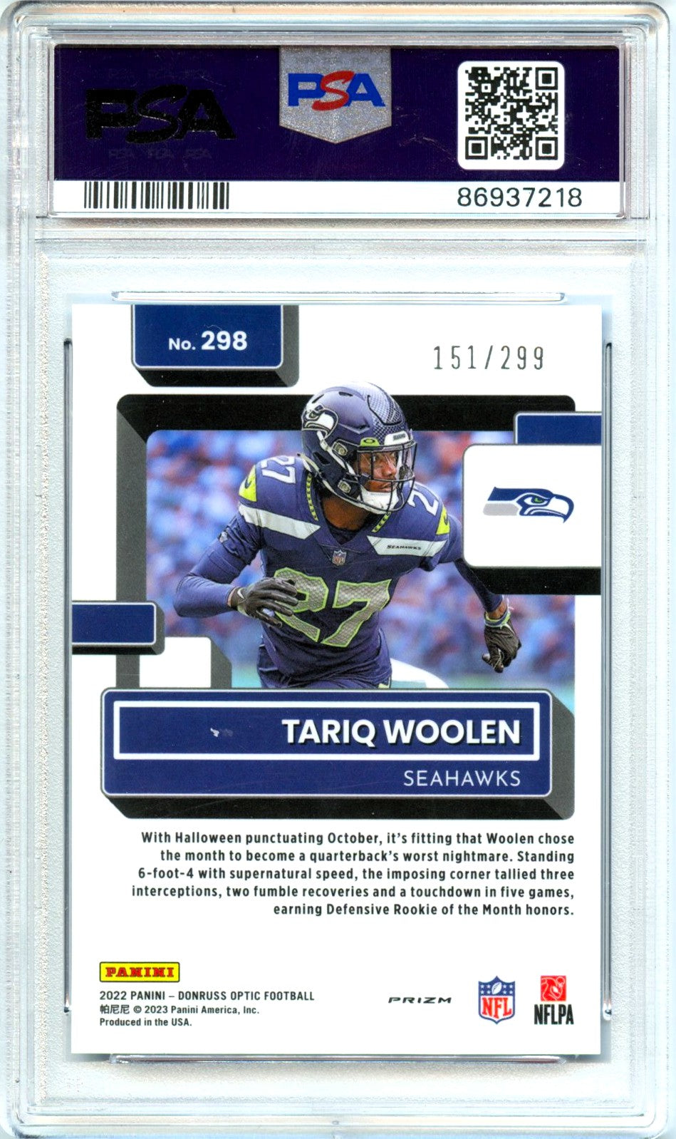 Tariq Woolen RC 2022 Donruss Optic Aqua Rated Rookie SP 151/299 PSA 10-2