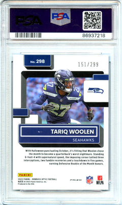 Tariq Woolen RC 2022 Donruss Optic Aqua Rated Rookie SP 151/299 PSA 10-2