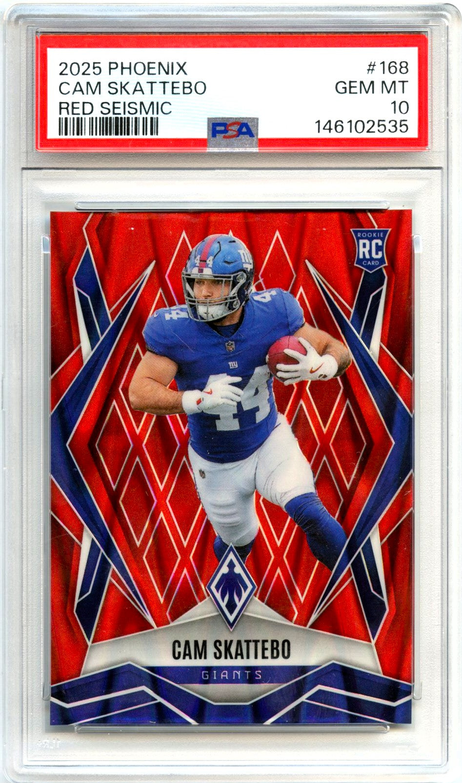 Cam Skattebo RC 2025 Panini Phoenix Red Seismic Rookie SP 34/99 PSA 10