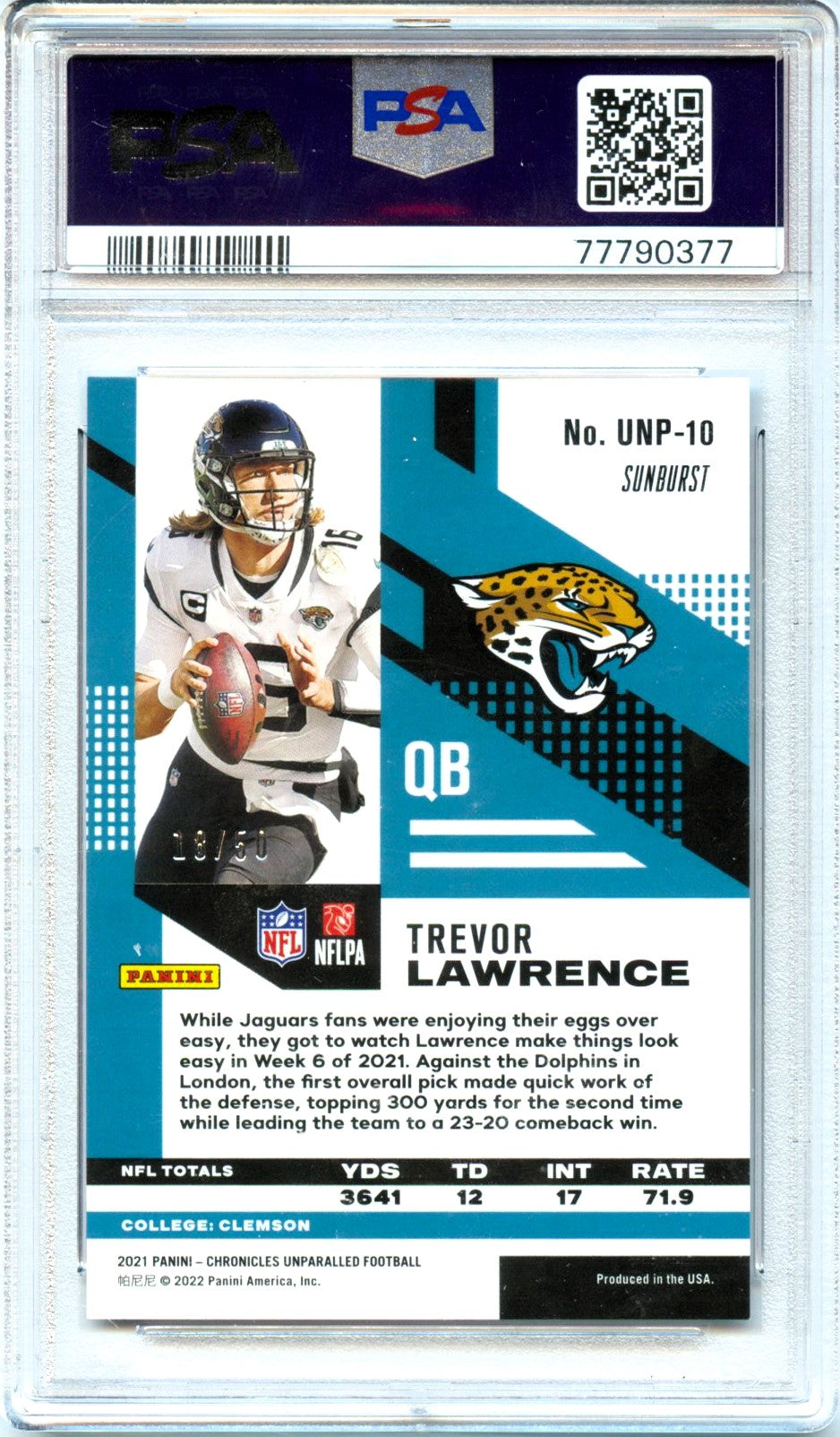 Trevor Lawrence RC 2021 Panini Chronicles Unparalleled Sunburst Rookie SP 18/50 PSA 9-2