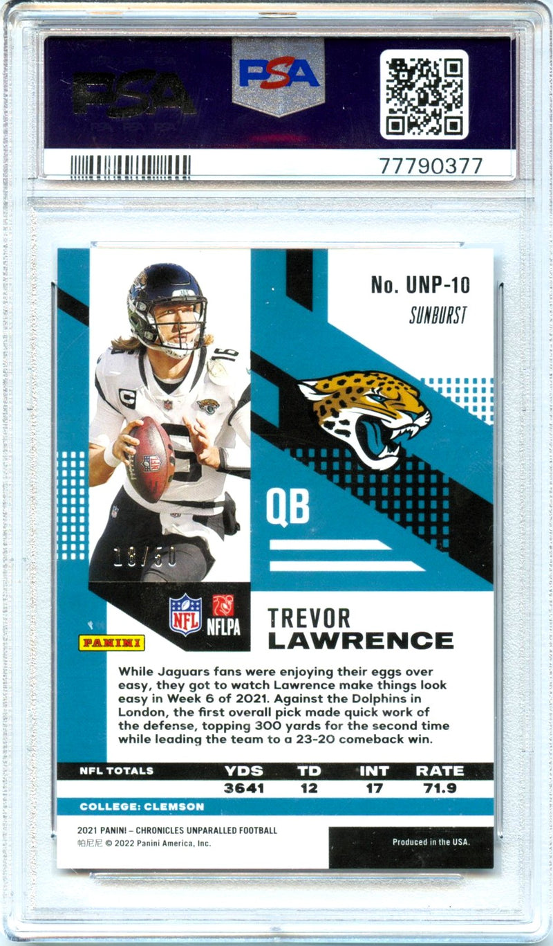 Trevor Lawrence RC 2021 Panini Chronicles Unparalleled Sunburst Rookie SP 18/50 PSA 9-2
