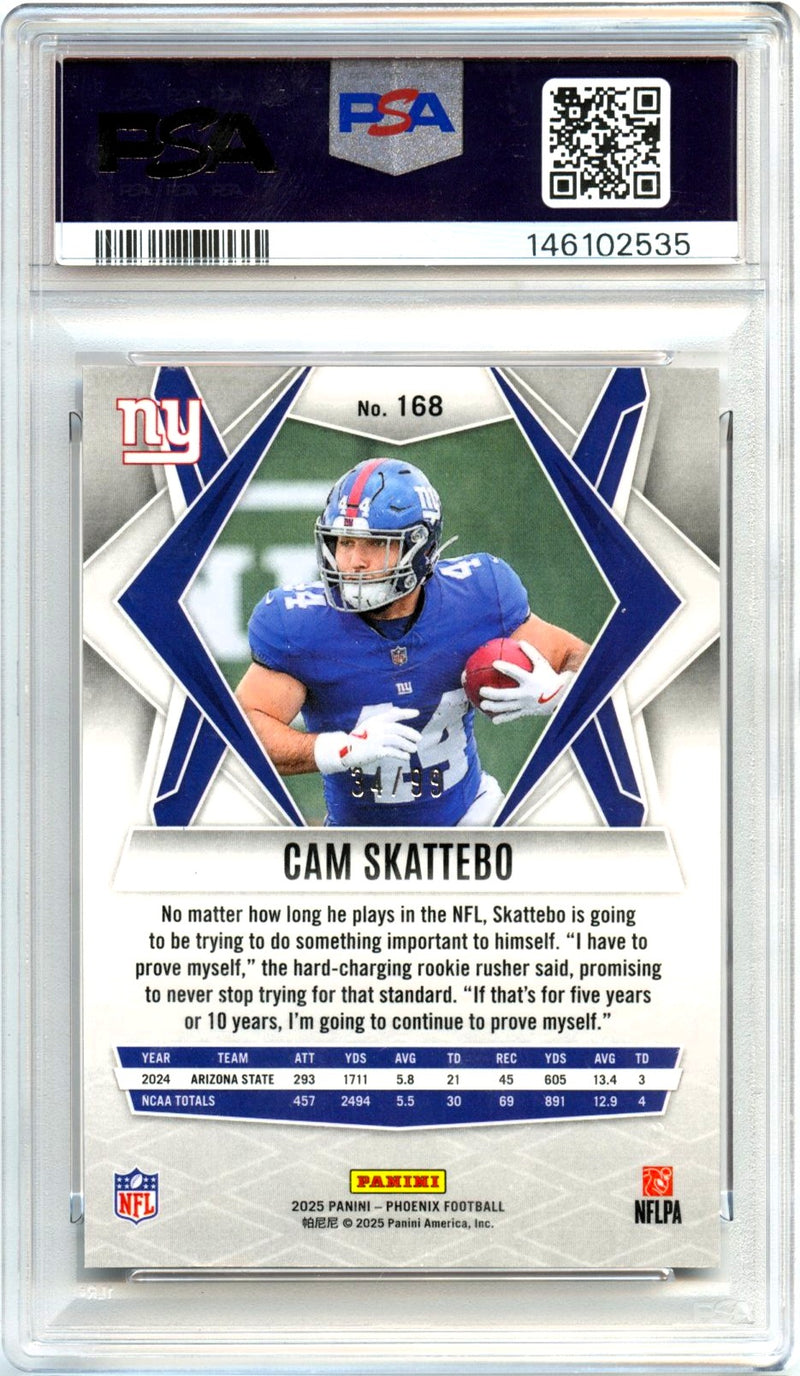 Cam Skattebo RC 2025 Panini Phoenix Red Seismic Rookie SP 34/99 PSA 10-2