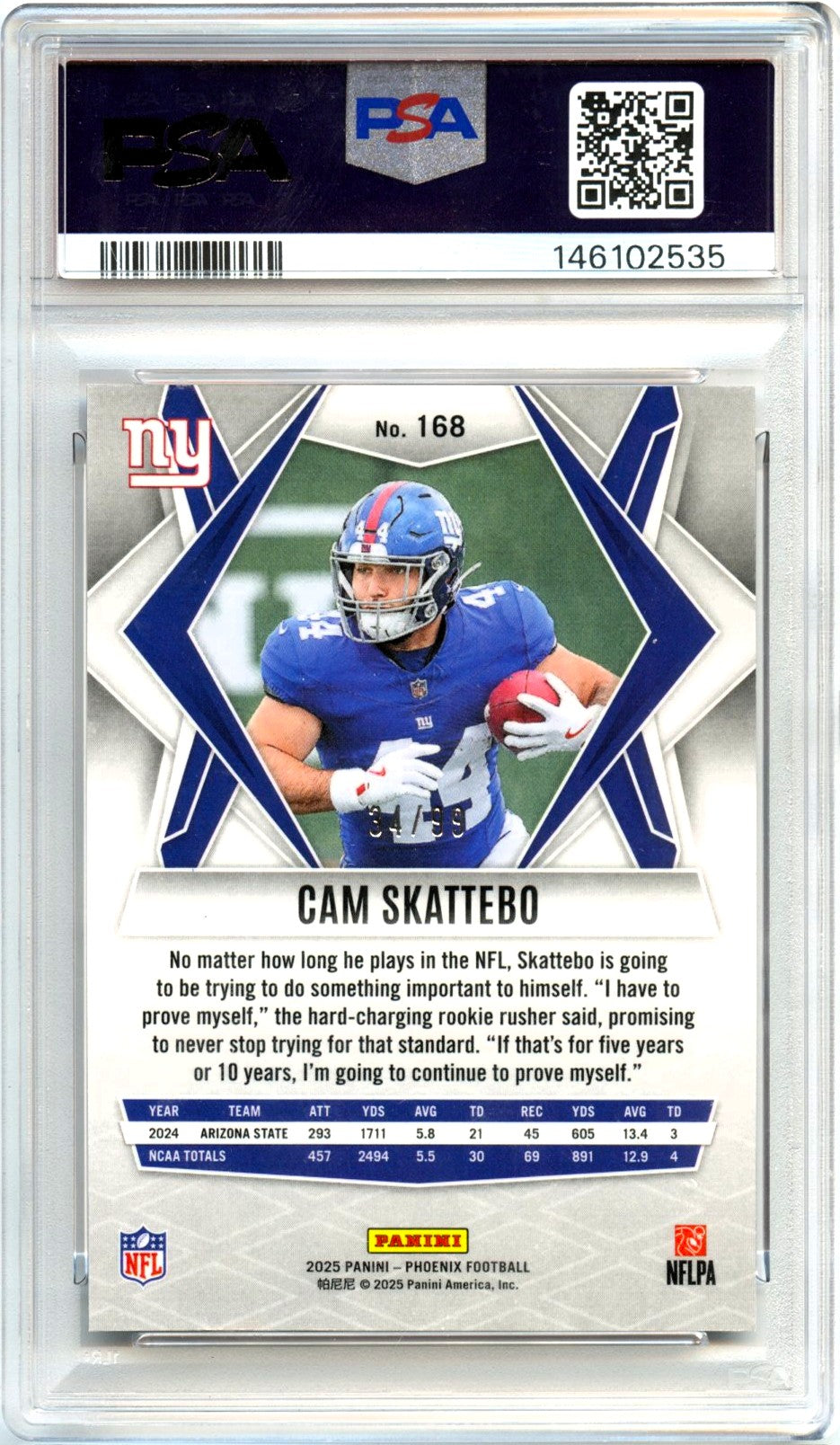 Cam Skattebo RC 2025 Panini Phoenix Red Seismic Rookie SP 34/99 PSA 10-2
