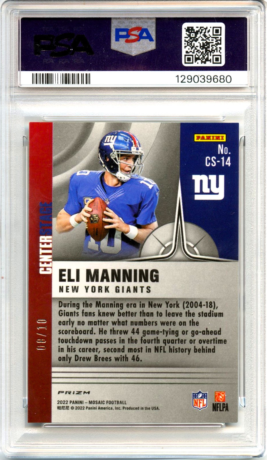 Eli Manning 2022 Panini Mosaic Gold Center Stage SP 8/10 PSA 10-2