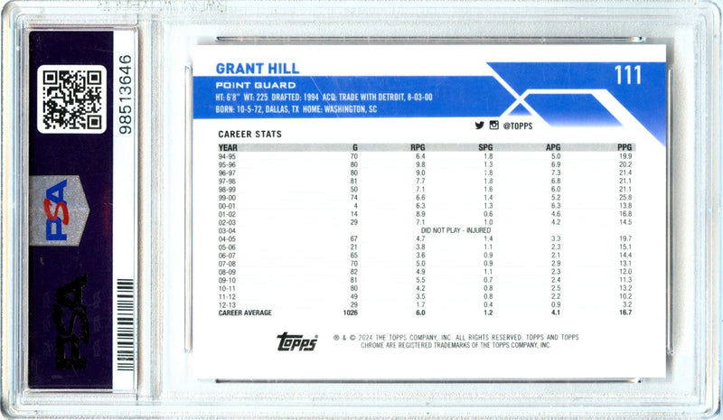 Grant Hill 2023-24 Topps Chrome Red Geometric Refractor SP 2/5 PSA 10-2