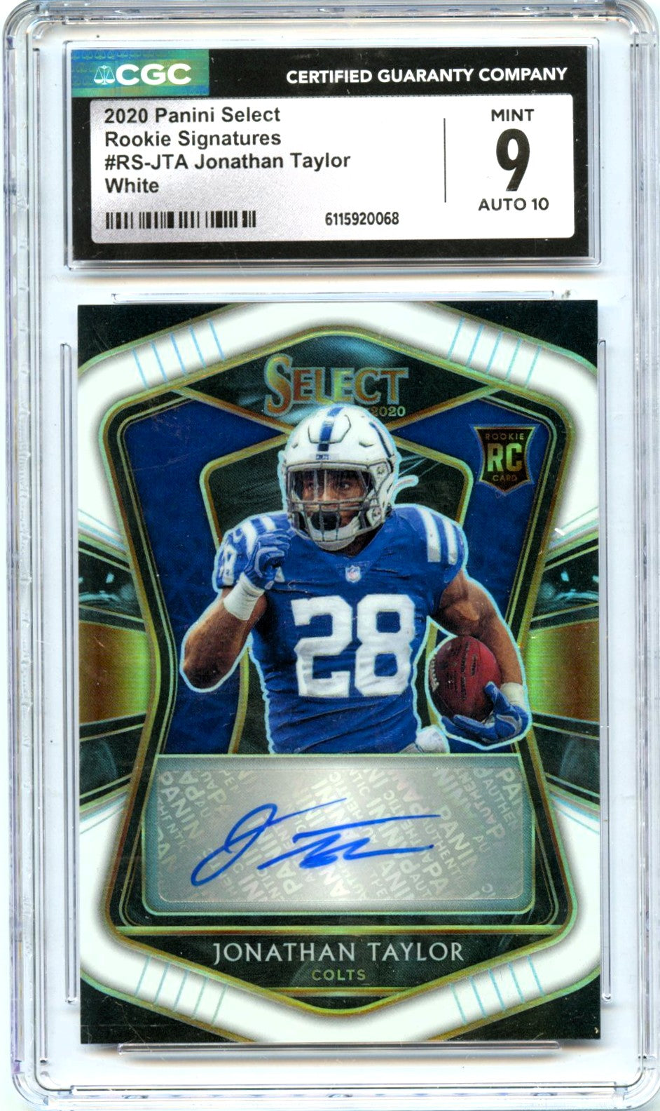 Jonathan Taylor RC 2020 Panini Select White Rookie Auto SP 34/35 CGC 9-1