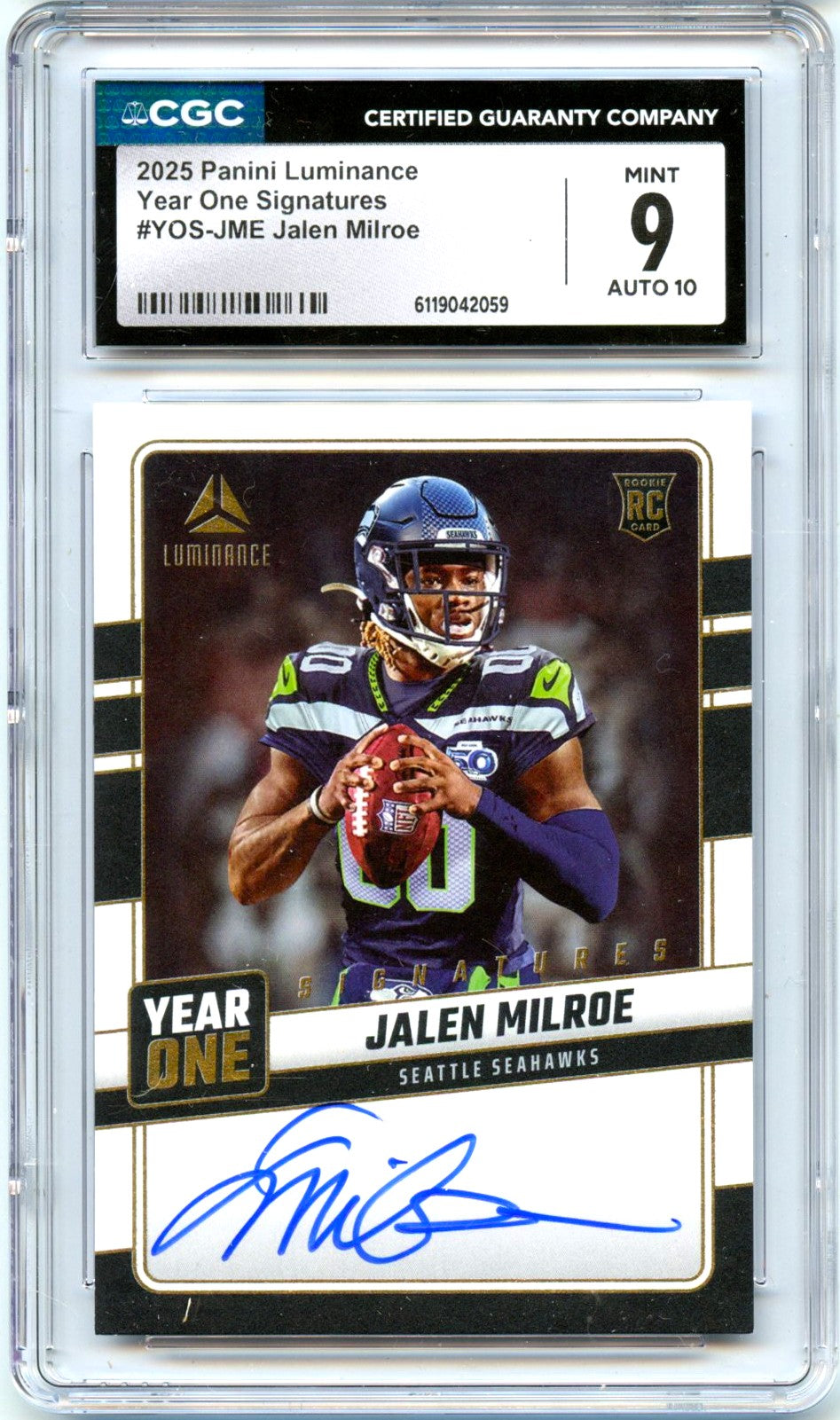 Jalen Milroe RC 2025 Panini Luminance Year One Rookie Auto CGC 9-1