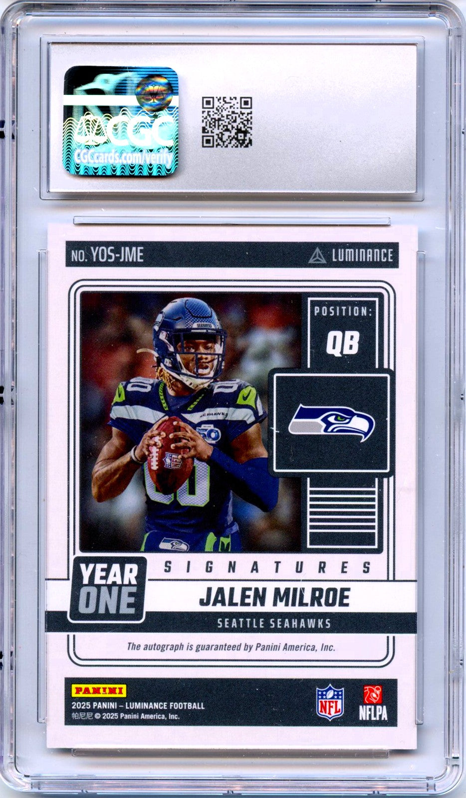 Jalen Milroe RC 2025 Panini Luminance Year One Rookie Auto CGC 9-2