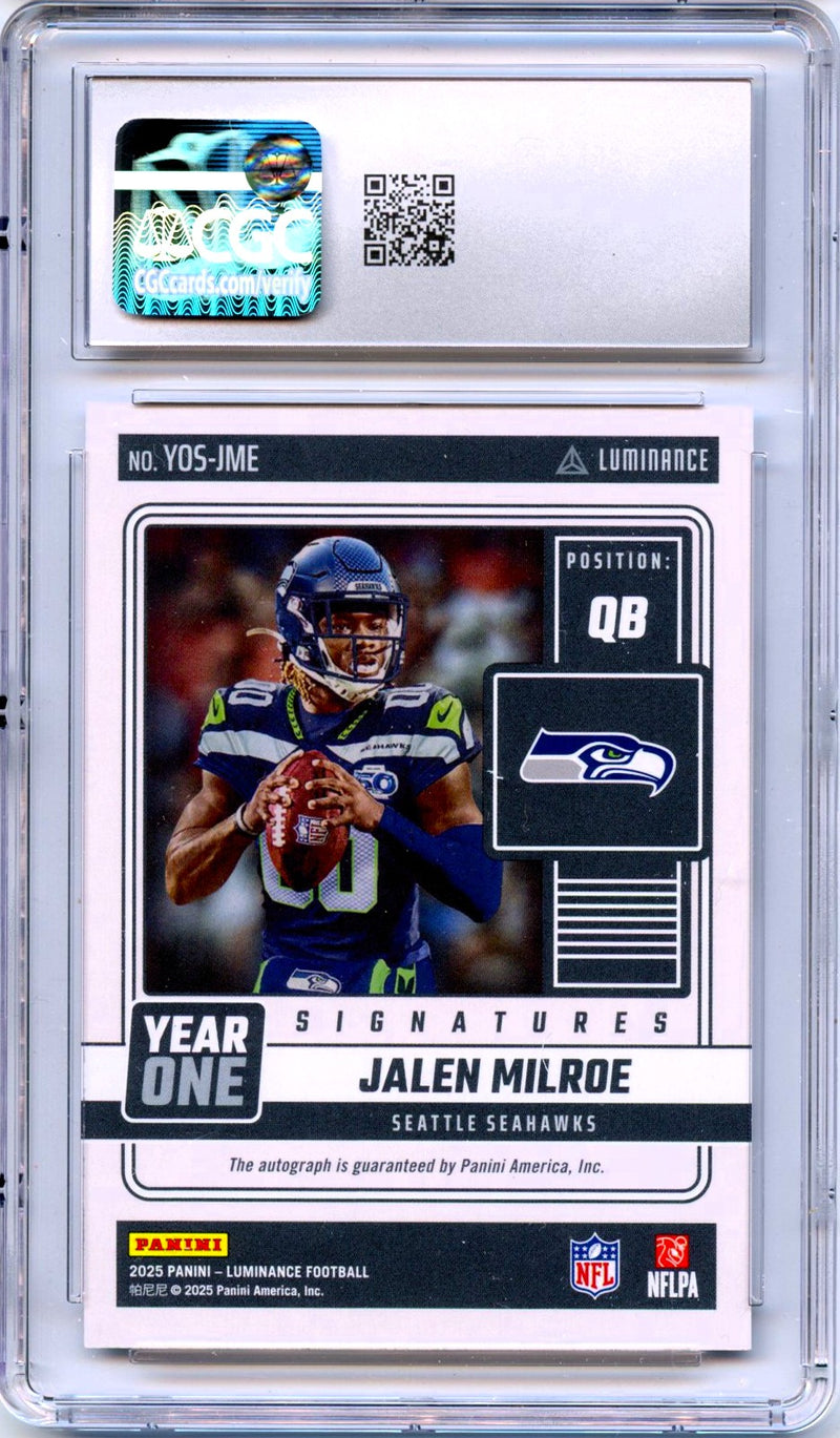 Jalen Milroe RC 2025 Panini Luminance Year One Rookie Auto CGC 9-2