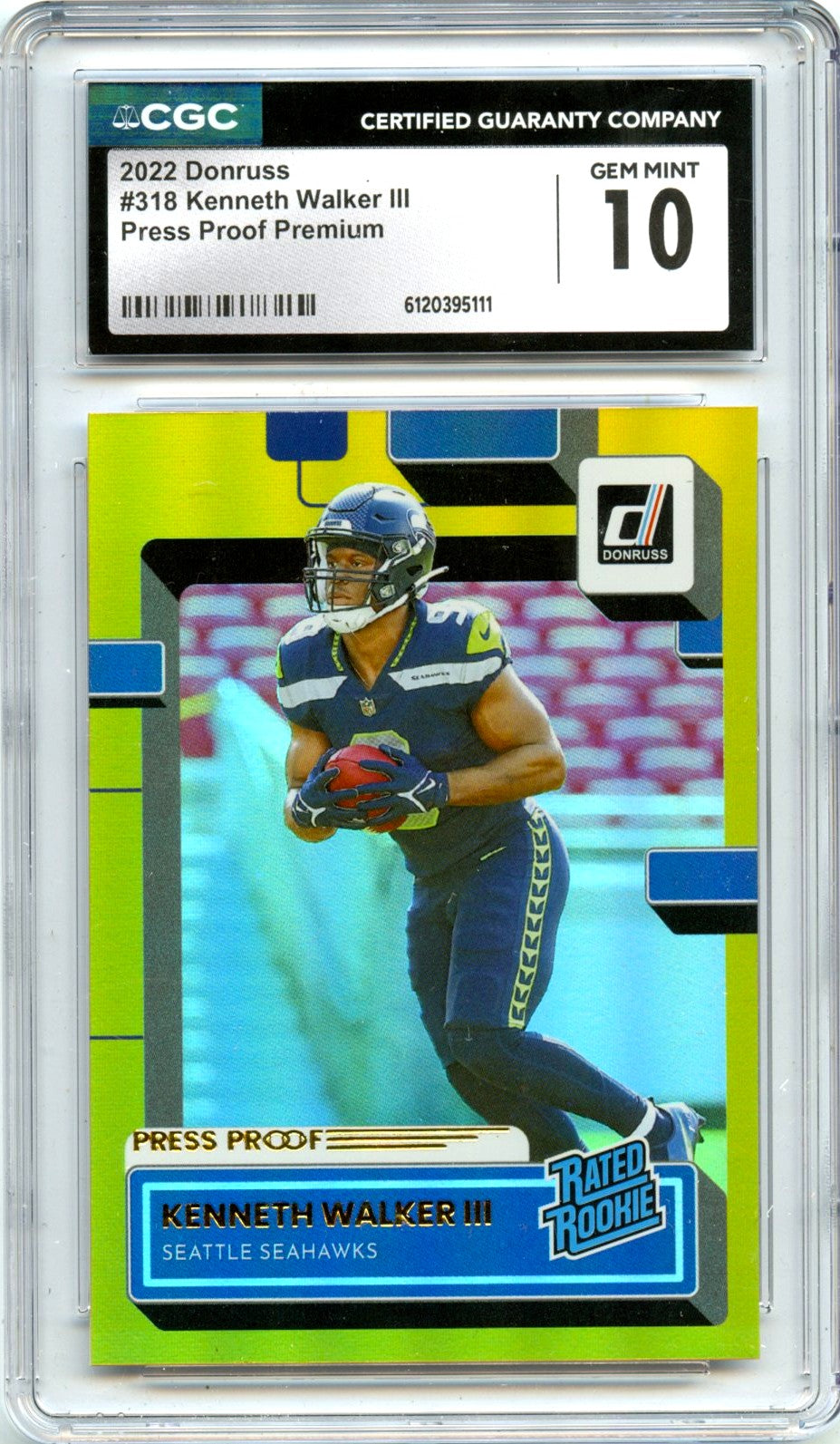 Kenneth Walker III RC 2022 Donruss Premium Press Proof Rated Rookie #318 CGC 10
