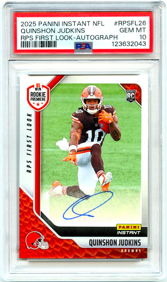 Product Quinshon Judkins RC 2025 Panini Instant Rookie Premier Shoot Auto SP 56/99 PSA 10 Link