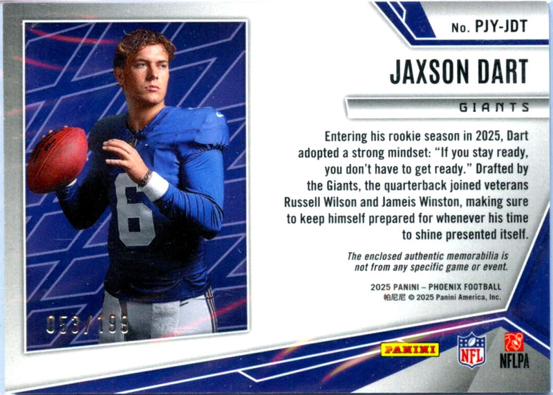 Jaxson Dart RC 2025 Panini Phoenix Purple Rookie Phenom Patch SP 53/199-2