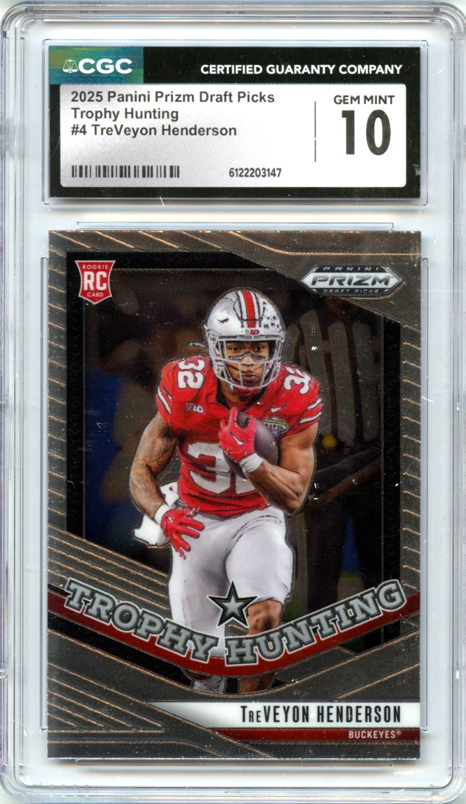 Treveyon Henderson RC 2025 Panini Prizm Draft Trophy Hunting Rookie #4 CGC 10