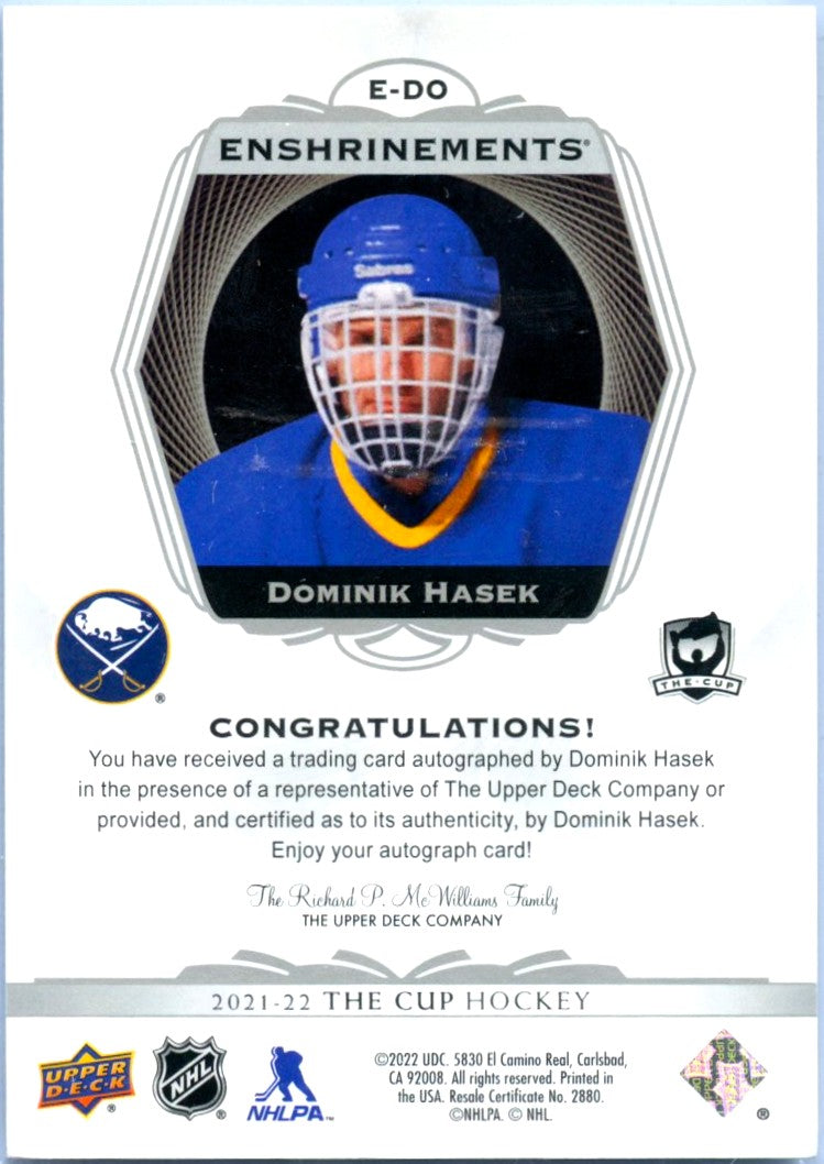 Dominik Hasek 2021-22 UD The Cup Enshrinements On Card Auto SP 16/25-2