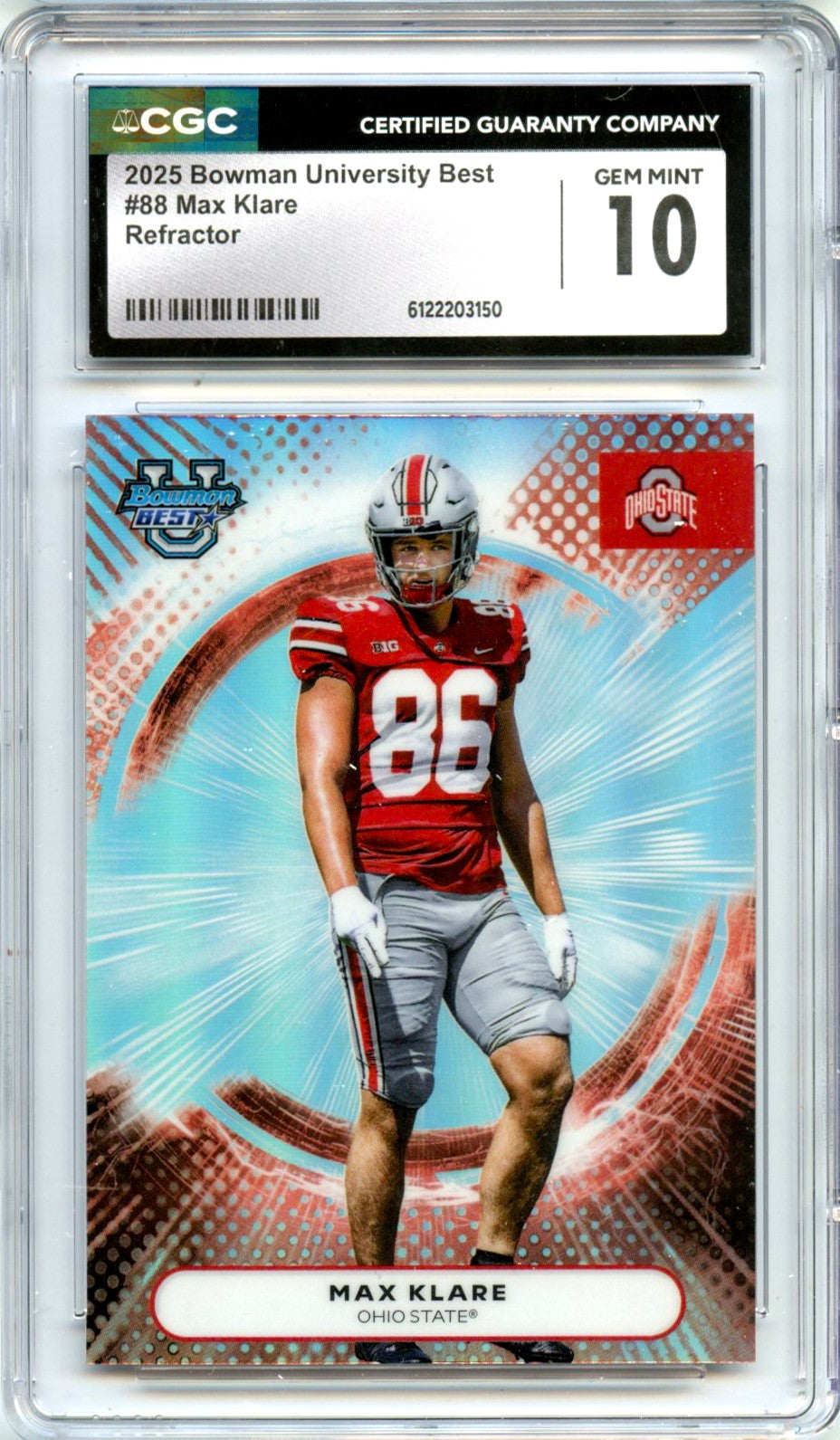 Max Klare RC 2025 Bowman U Best Refractor Rookie #88 CGC 10