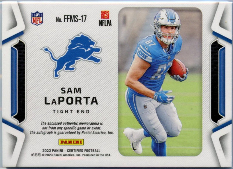 Sam Laporta RC 2023 Panini Certified Blue Freshman Fabric Rookie Patch Auto SP 92/99-2