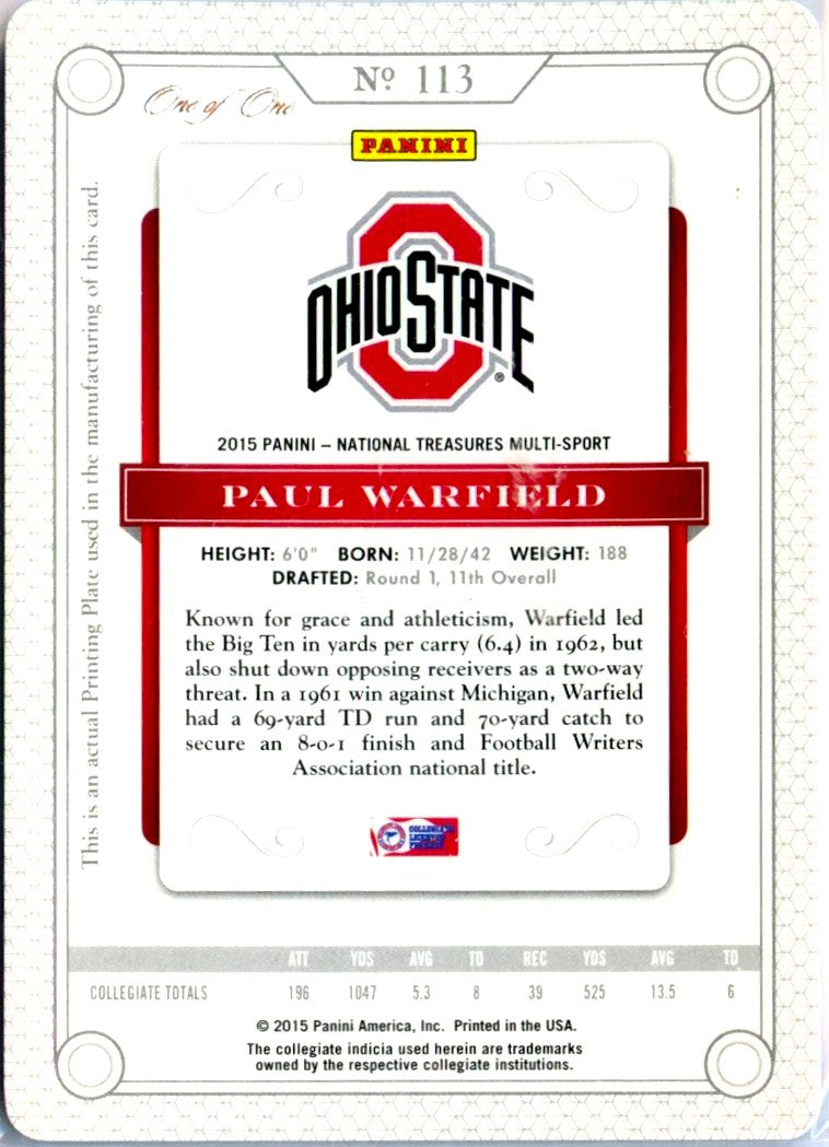 Paul Warfield 2015 National Treasures Collegiate Printing Plate SP 1/1-2