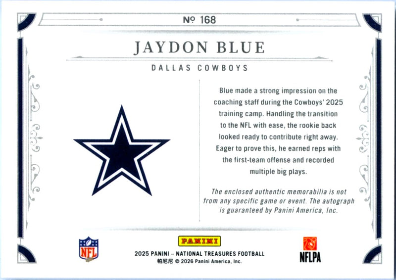 Jaydon Blue RC 2025 National Treasures Rookie Patch Auto SP 53/99-2