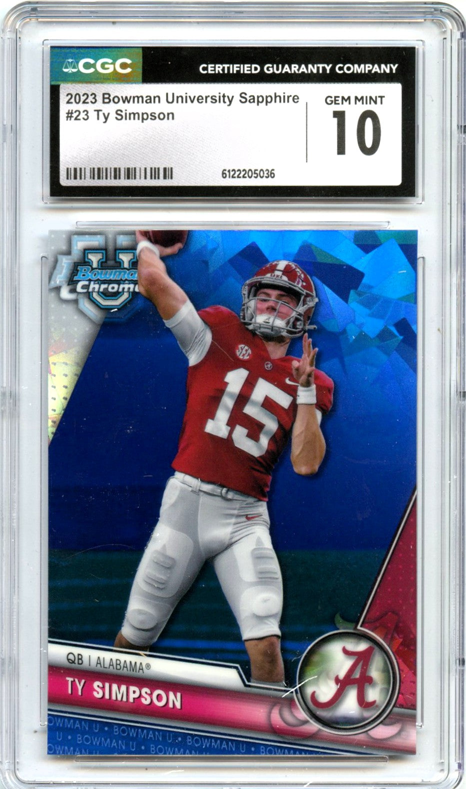 Ty Simpson RC 2023 Bowman U Chrome Sapphire Rookie #23 CGC 10