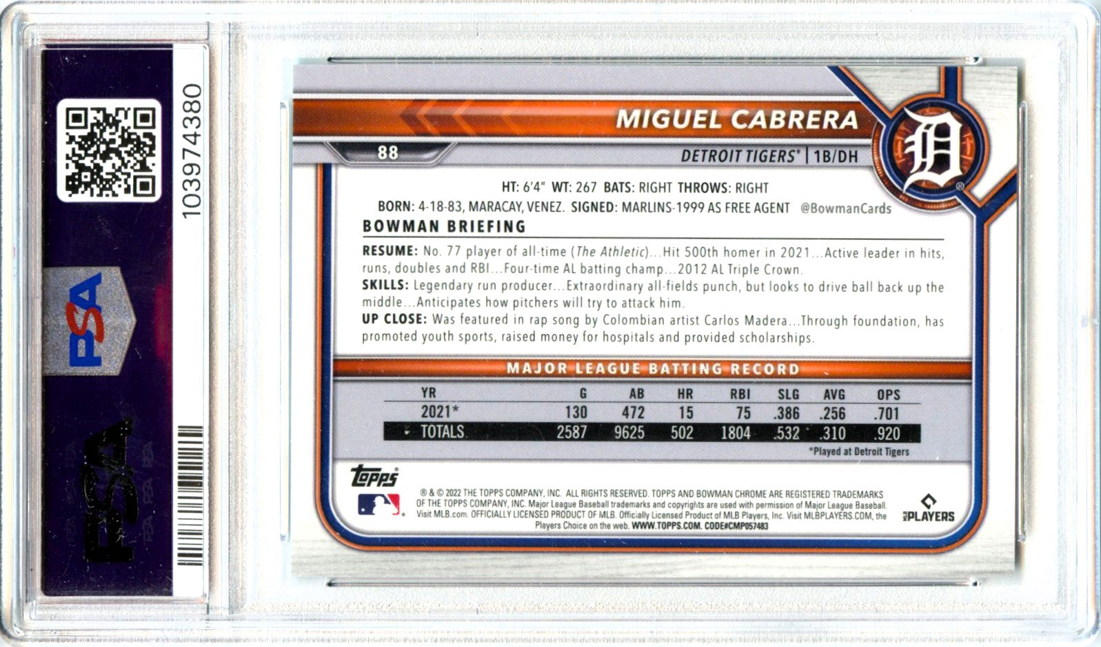 Miguel Cabrera 2022 Bowman Chrome Sapphire Aqua SP 78/99 PSA 10-2