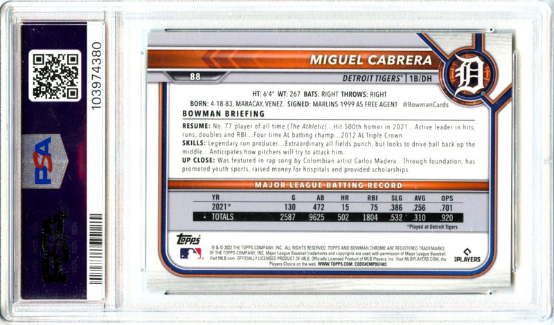 Miguel Cabrera 2022 Bowman Chrome Sapphire Aqua SP 78/99 PSA 10-2