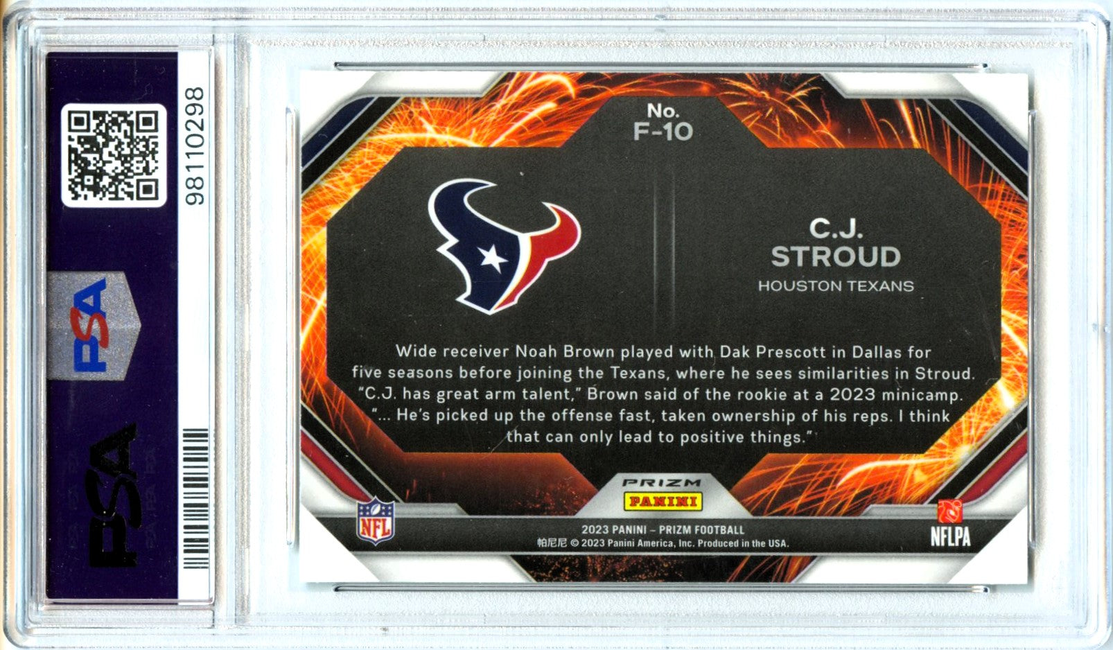 Cj Stroud RC 2023 Panini Prizm Green Fireworks Rookie PSA 10-2