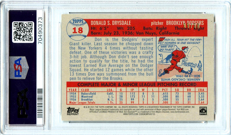 Don Drysdale 2021 Topps Gold Foil Rookie Cup Throwback SP 9/50 PSA 10-2
