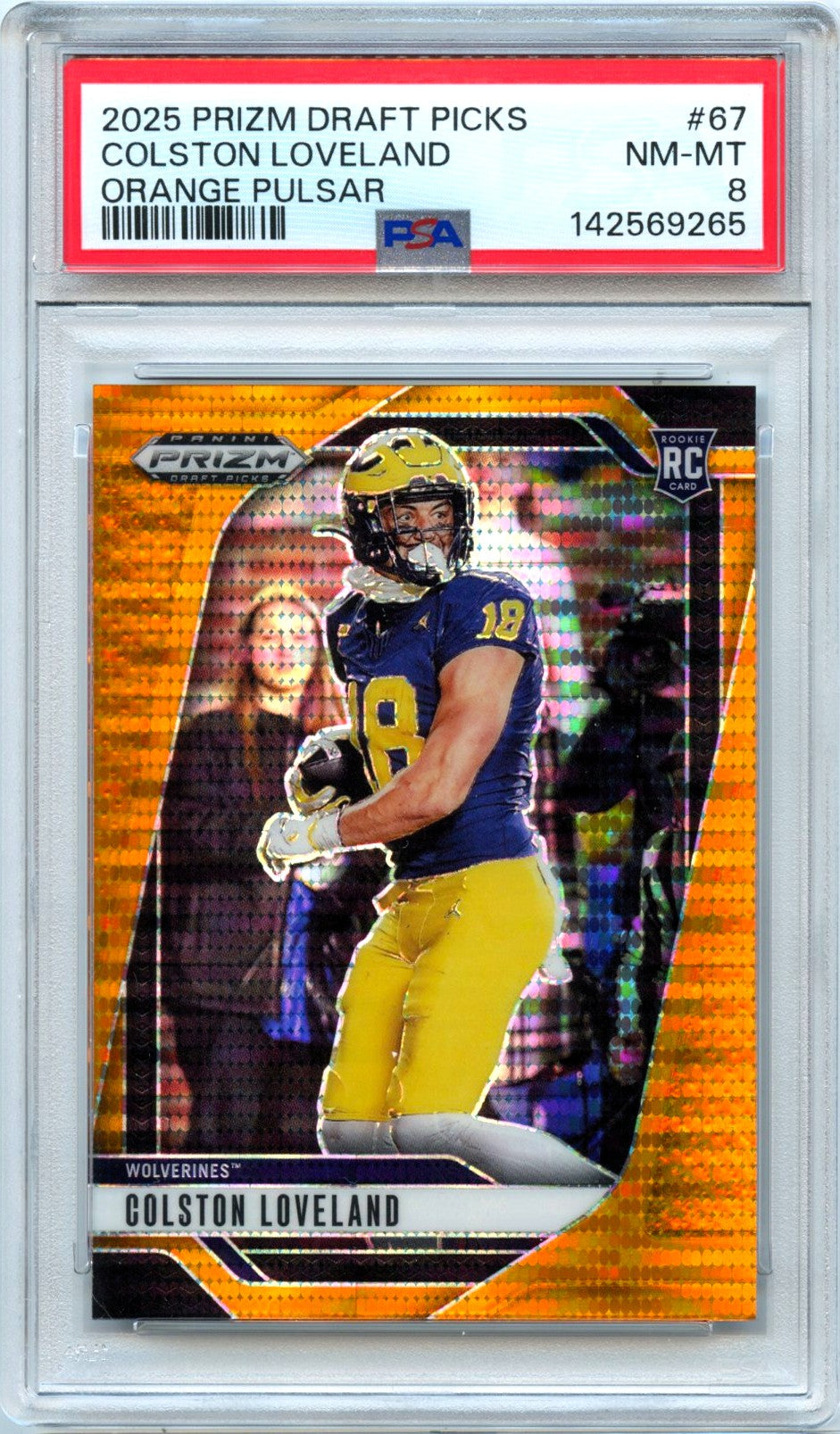Colston Loveland RC 2025 Panini Prizm Draft Orange Pulsar Rookie SP 23/75 PSA 8