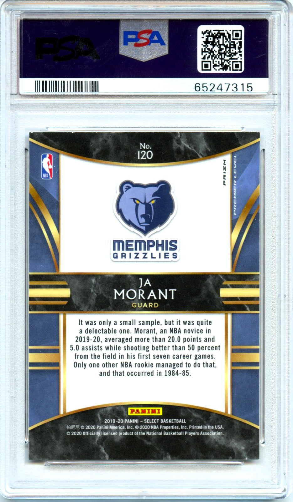 Ja Morant RC 2019-20 Panini Select Premier Level Red Wave Rookie #120 PSA 10