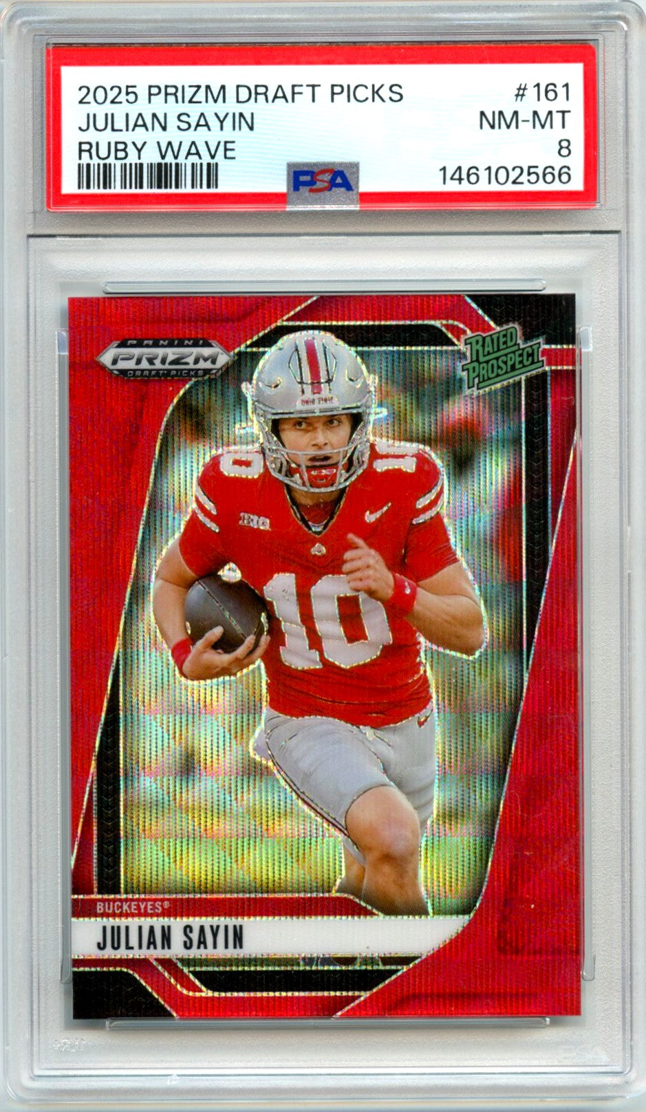 Julian Sayin RC 2025 Panini Prizm Draft Red Wave Rated Prospect Rookie #161 PSA 8
