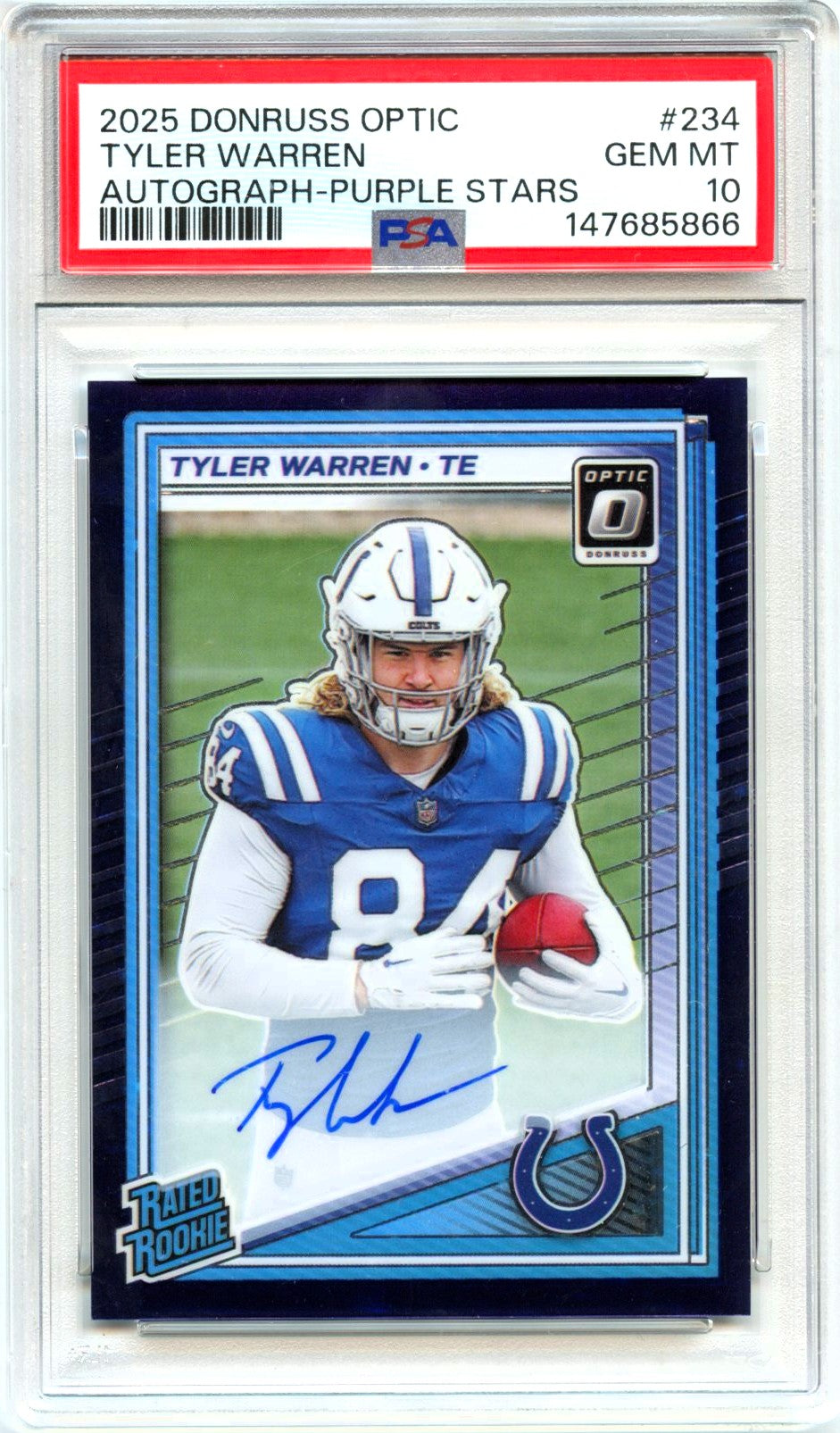 Tyler Warren RC 2025 Donruss Optic Purple Stars Rated Rookie Auto SP 13/42 PSA 10-1