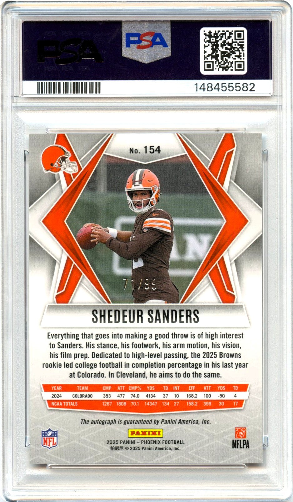 Shedeur Sanders RC 2025 Panini Phoenix Silver Seismic Rookie Auto SP 71/99 PSA 10-2