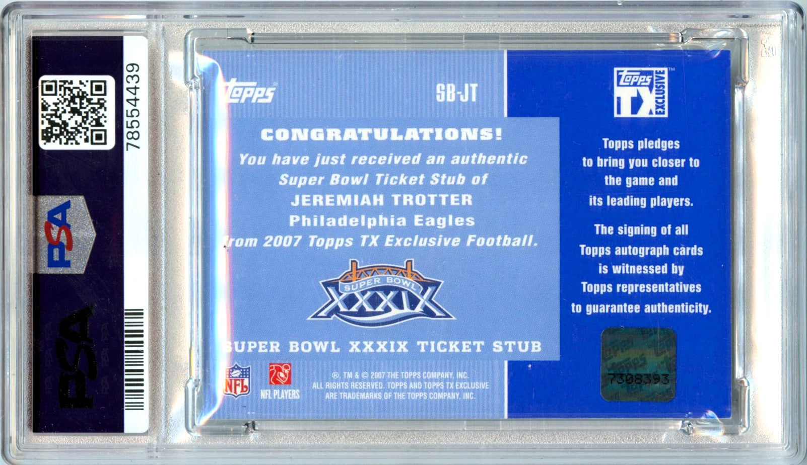 Jeremiah Trotter 2007 Topps Tix Exclusive Super Bowl Stub Auto PSA 8-2