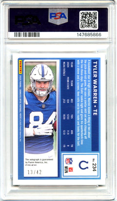 Tyler Warren RC 2025 Donruss Optic Purple Stars Rated Rookie Auto SP 13/42 PSA 10-2