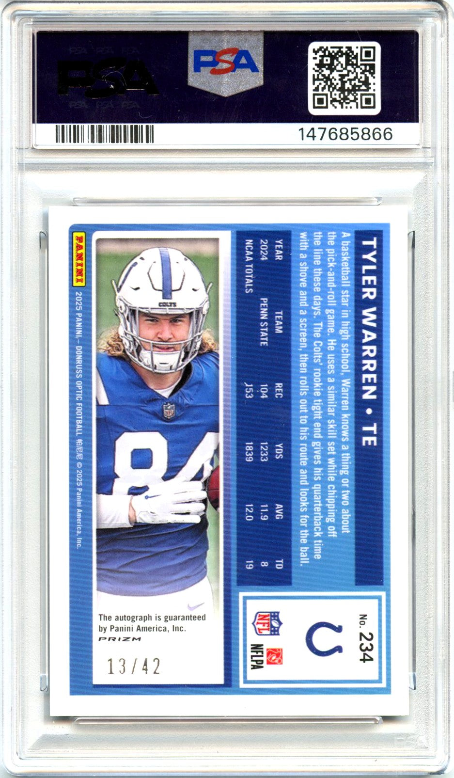 Tyler Warren RC 2025 Donruss Optic Purple Stars Rated Rookie Auto SP 13/42 PSA 10-2