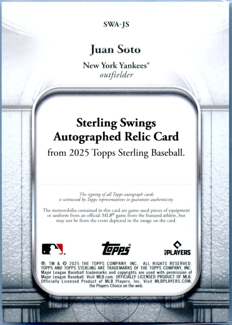 Juan Soto 2025 Topps Sterling Game Used Bat Piece Patch Auto SP 14/25-2