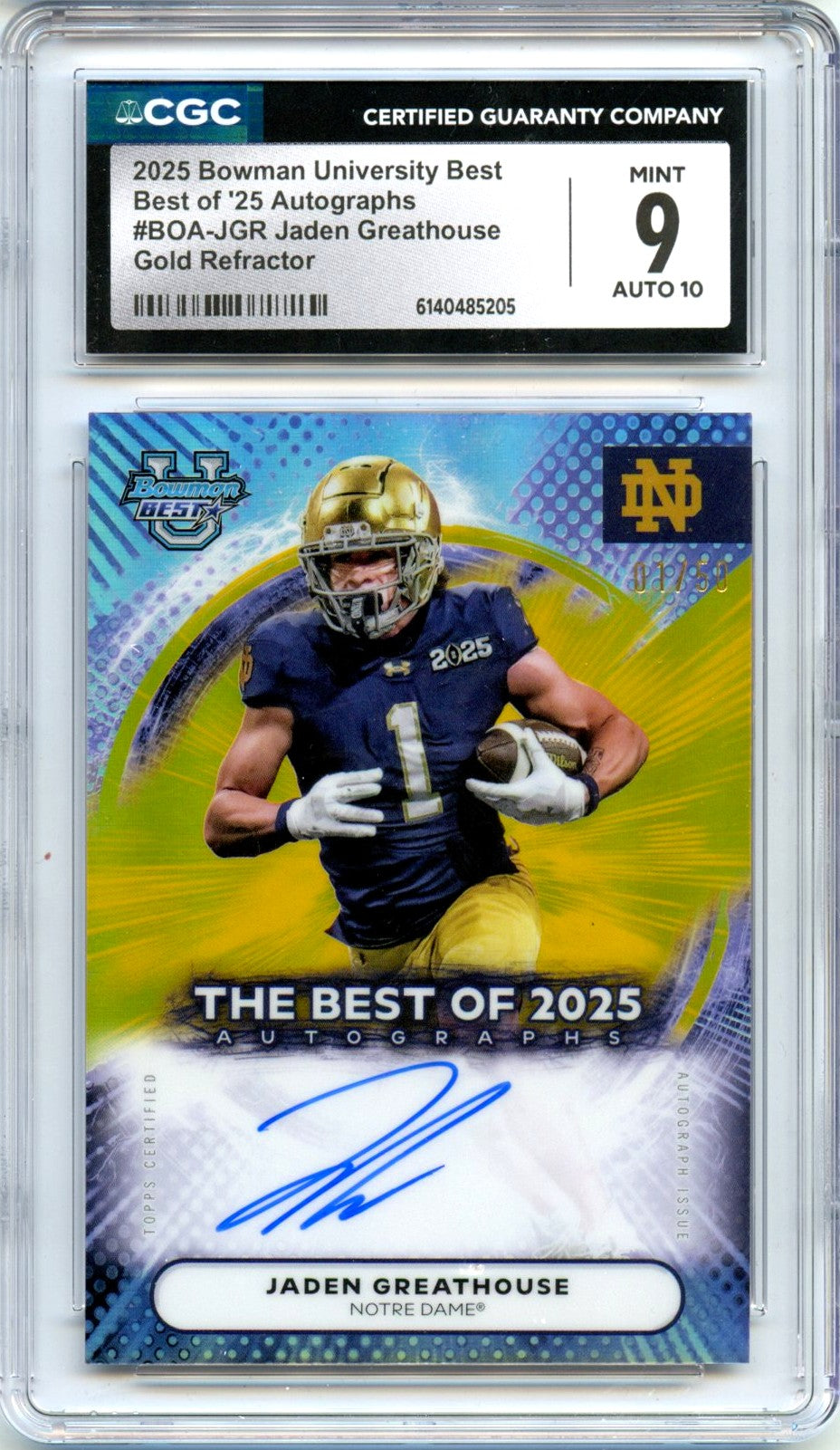 Jaden Greathouse RC 2025 Bowman U Best Gold Rookie Auto SP 1/50 CGC 9