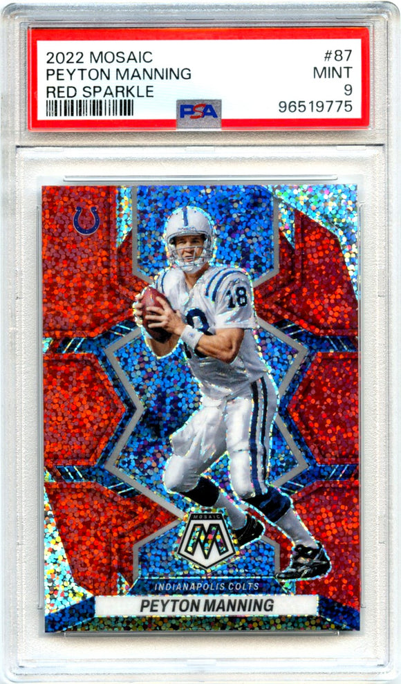 Product Peyton Manning 2022 Panini Mosaic Red Sparkle #87 PSA 9 Link