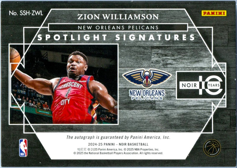 Zion Williamson 2024-25 Panini Noir Spotlight Silver Ink Auto SP 41/99-2