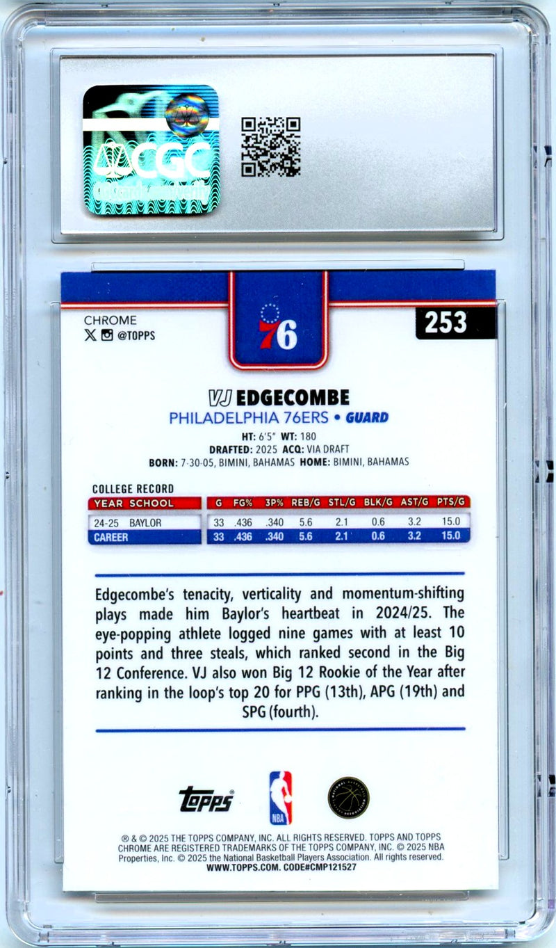 Vj Edgecombe RC 2025-26 Topps Chrome Rookie #253 CGC 10-2