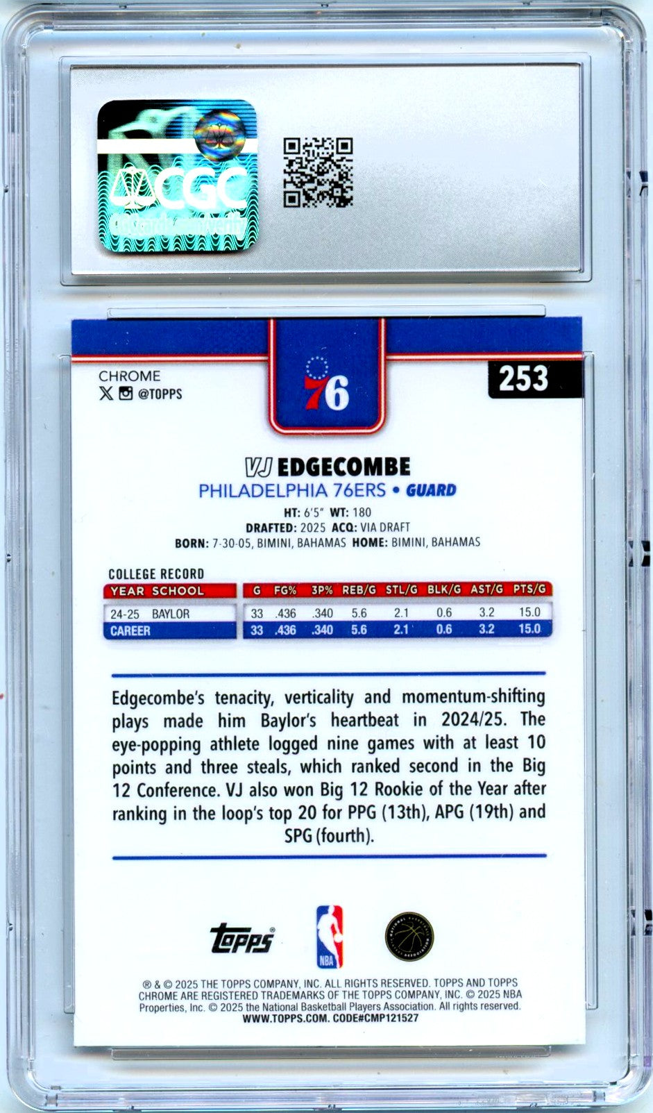 Vj Edgecombe RC 2025-26 Topps Chrome Rookie #253 CGC 10-2