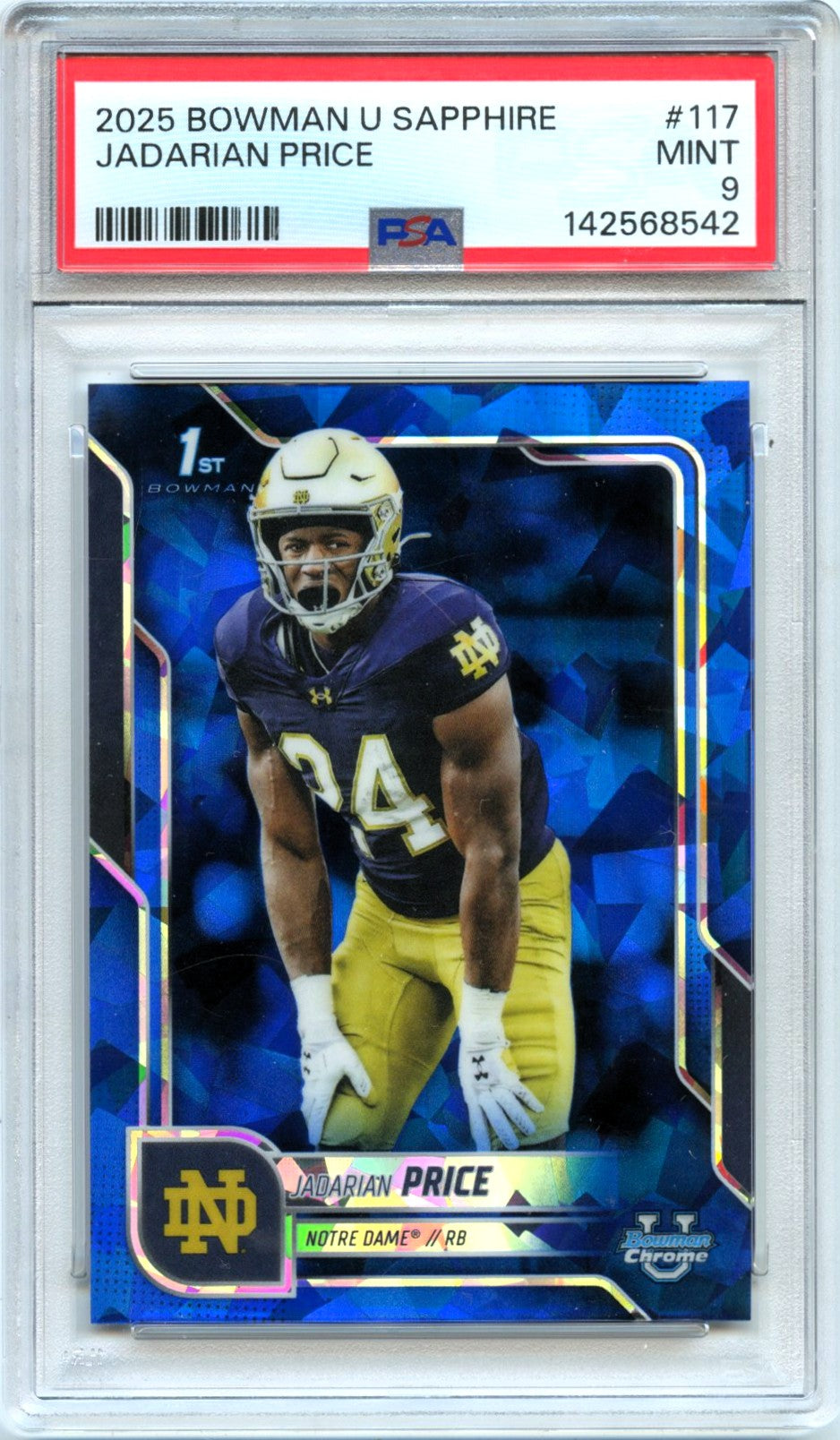Jadarian Price RC 2025 Bowman U Chrome Sapphire Rookie #117 PSA 9