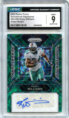 Ricky Williams 2023 Panini Prizm Green Scope Sensational Auto SP 48/75 CGC 9-1