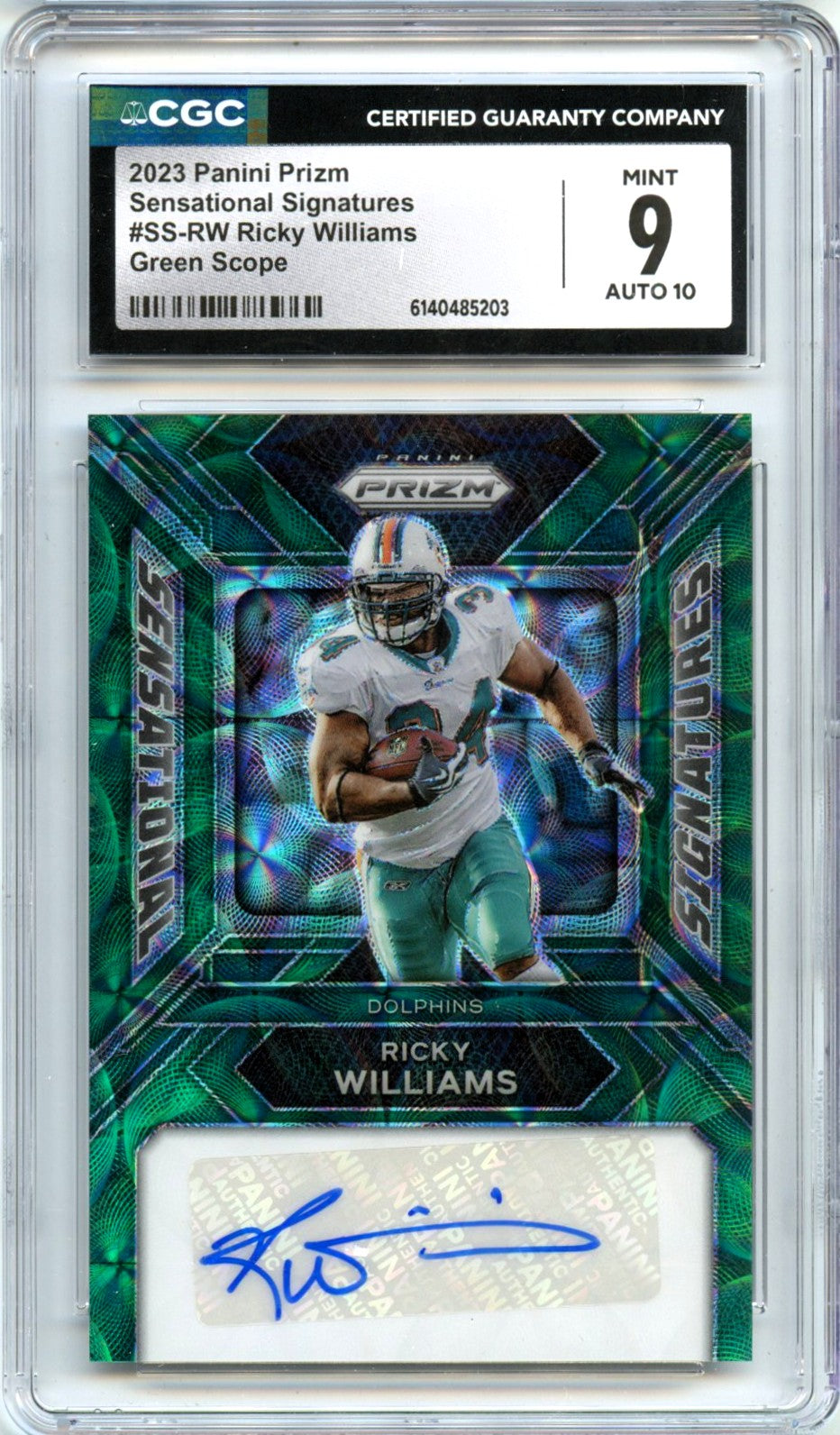 Ricky Williams 2023 Panini Prizm Green Scope Sensational Auto SP 48/75 CGC 9