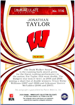 Jonathan Taylor RC 2020 Immaculate Collegiate Rookie On Card Auto SP 46/99-2